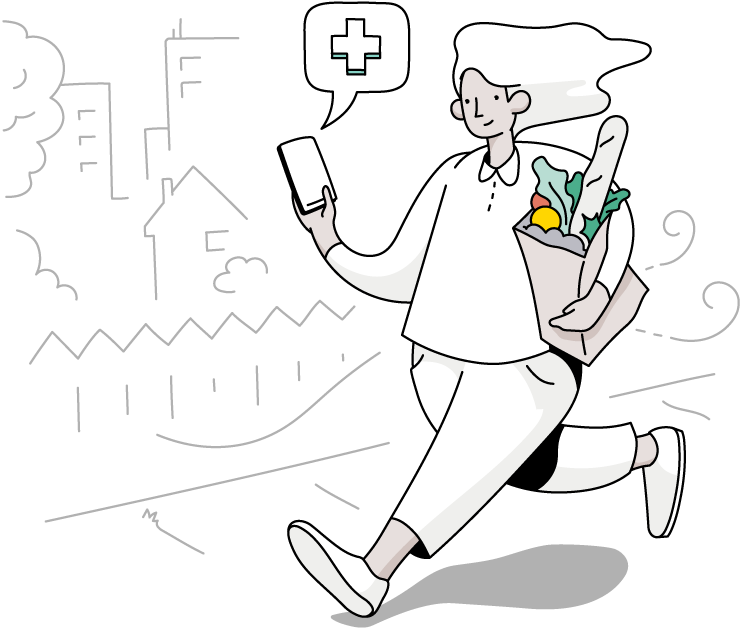 Illustration d’une femme qui porte ses sacs d’épicerie tout en communiquant avec un médecin en ligne au moyen de Maple