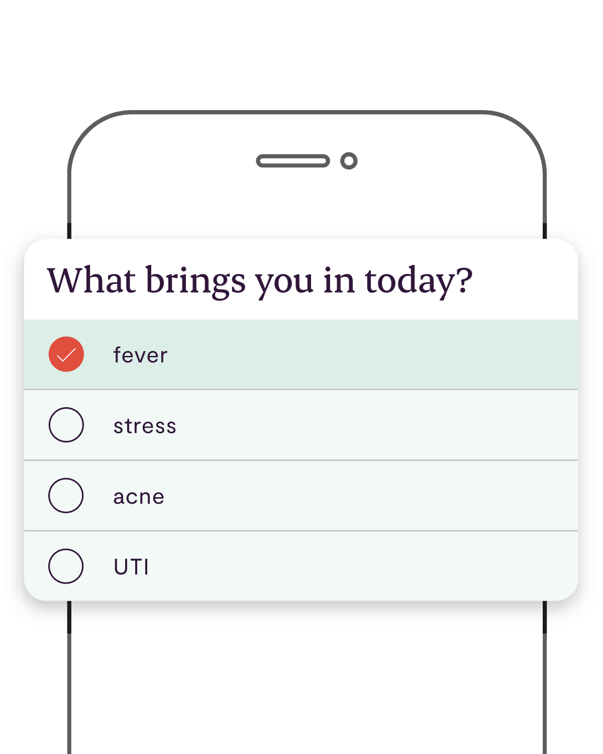 List of symptoms on a mobile phone: fever, stress, acne, UTI