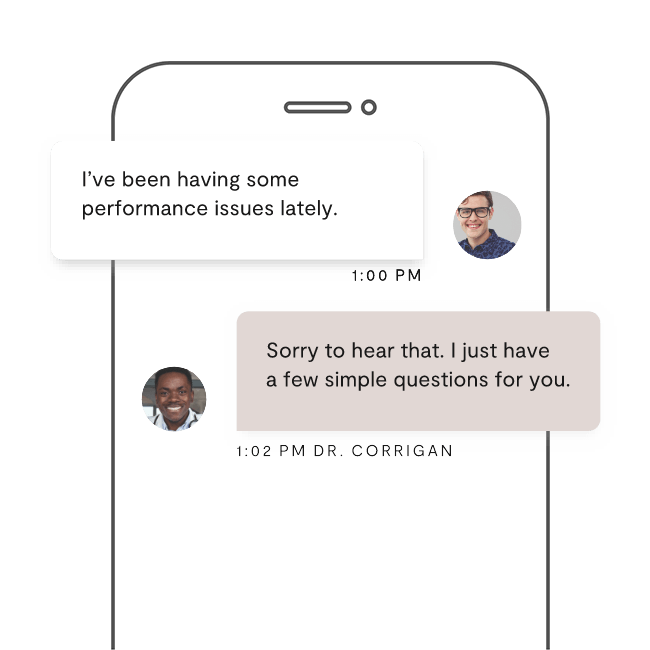 Text messages between a man and an online doctor about erectile dysfunction symptoms.