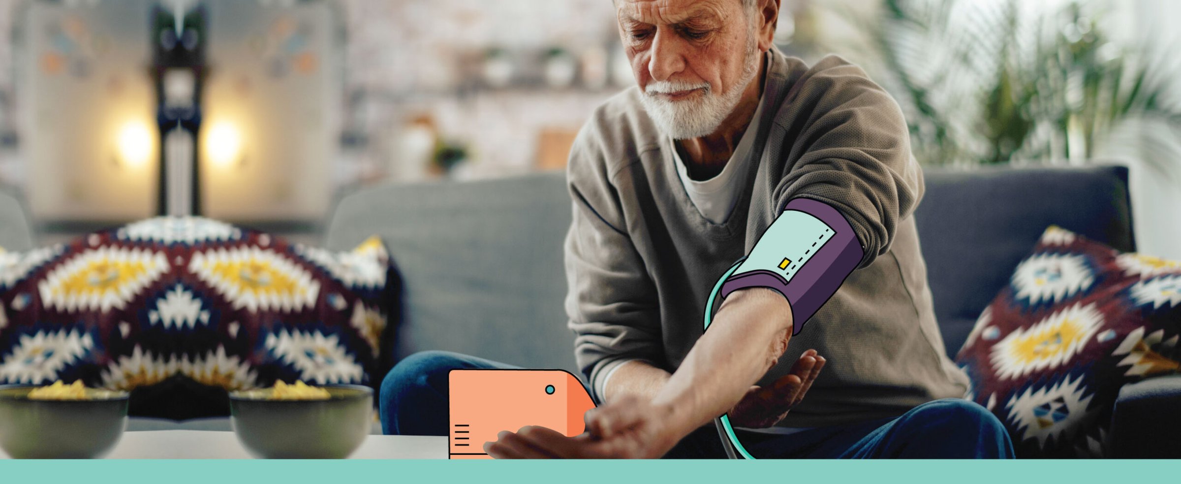 Older man using a blood pressure cuff.