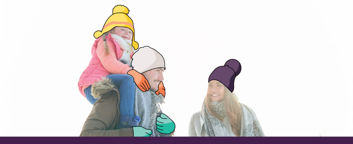 Parents with young daughter enjoying outdoor winter weather, dressed in illustrated toques and gloves.