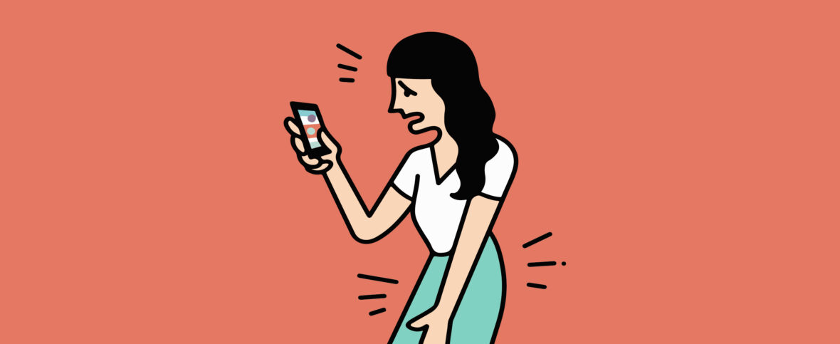 An illustration of a distressed woman holding her crotch and a smartphone.