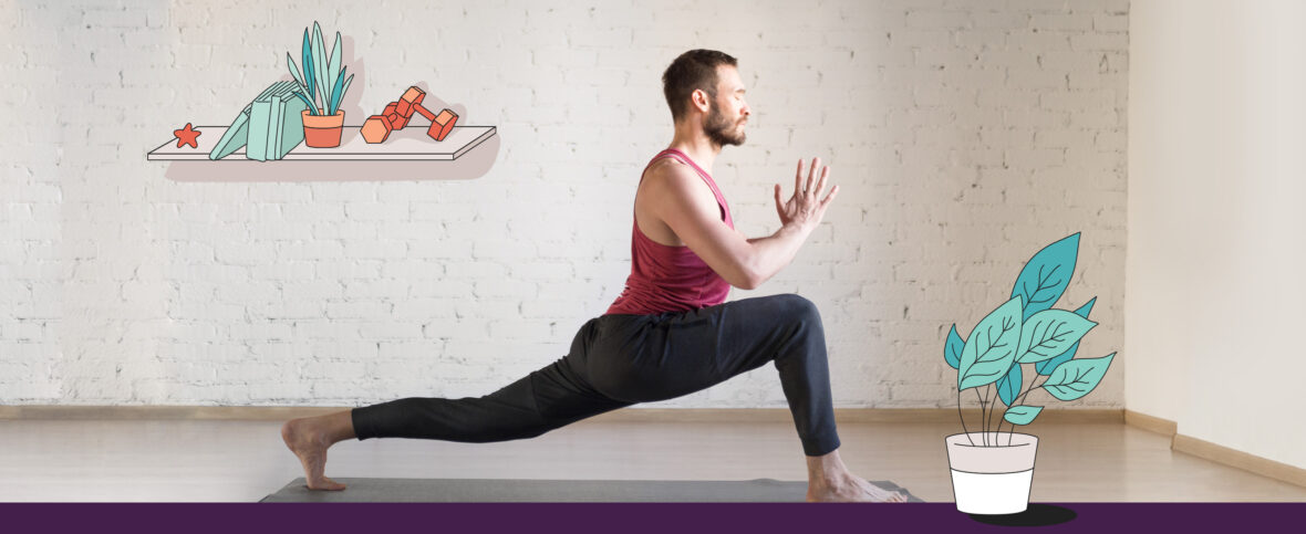 Man wearing yoga clothes doing a high lunge.