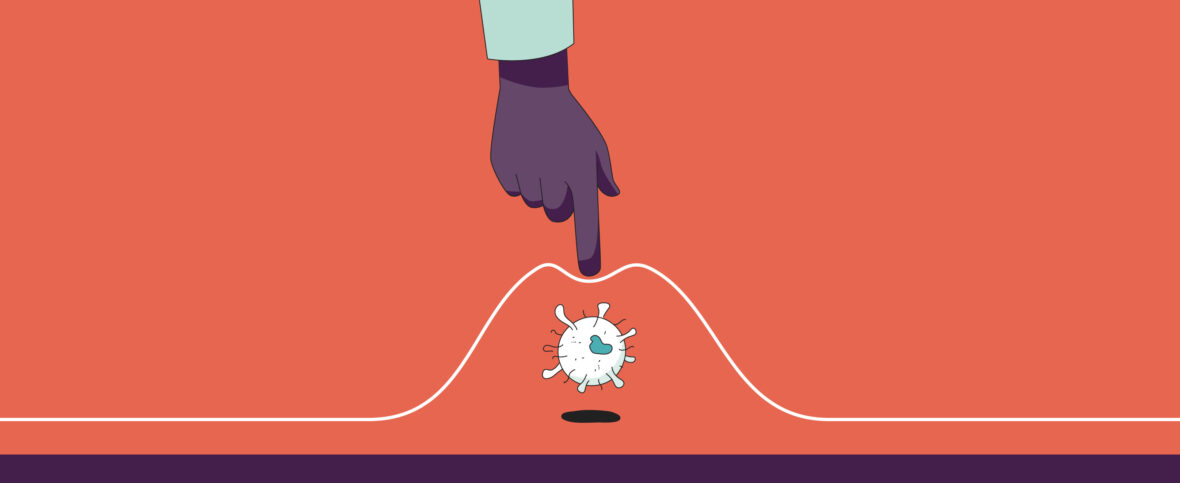 Cartoon finger pointing down on a curve to flatten it, with a cartoon covid-19 virus underneath.