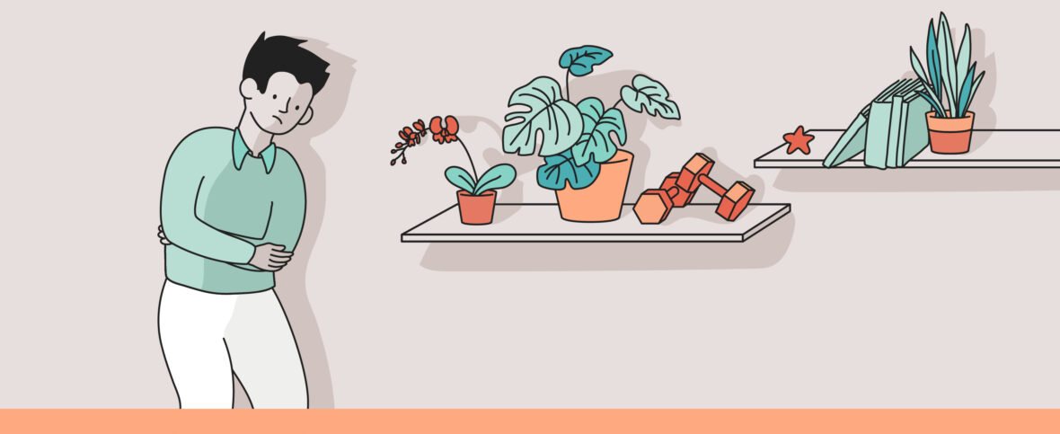 llustration of a person with an anxiety disorder standing up and holding their stomach next to shelves with plants, books, and weights.