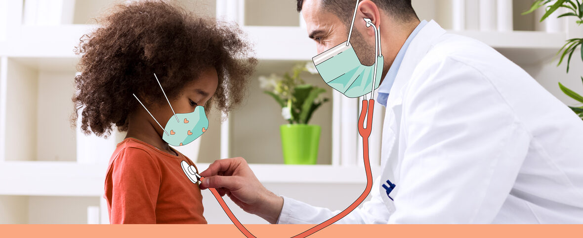 Doctor checking a young child's heart health with a stethescope.