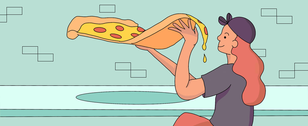Woman eating a giant slice of pizza.