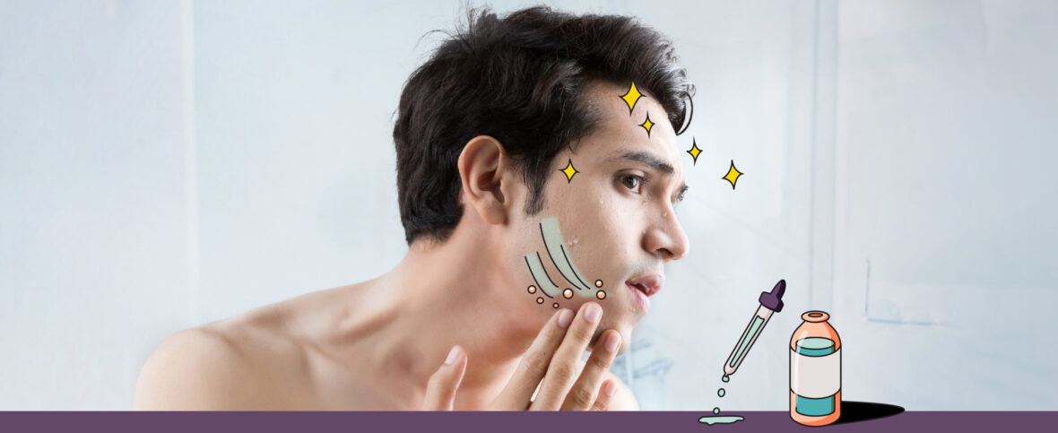 Man treating his cystic acne, cartoon stars and swooshes over his face.