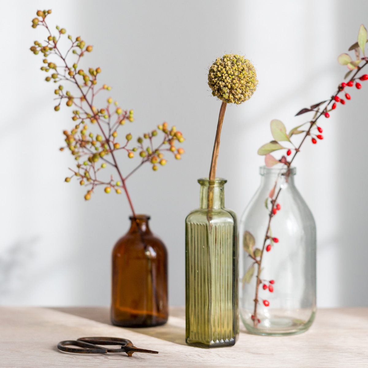 three plants in three different vases on a table