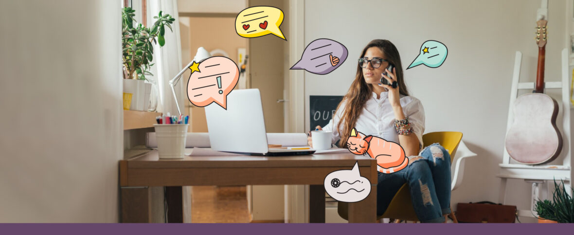 HR manager woman on phone at desk with cartoon speech bubbles popping out.