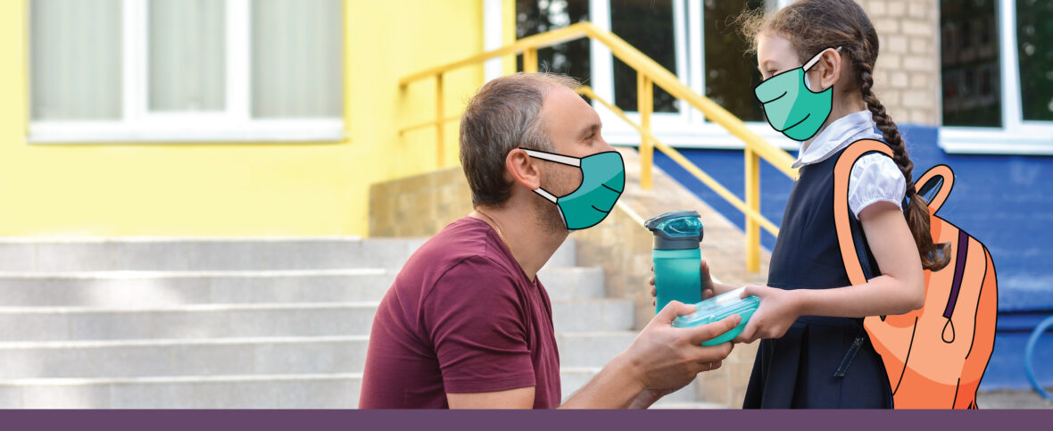 Father wearing a mask drops his daughter, also wearing a mask, off at school.