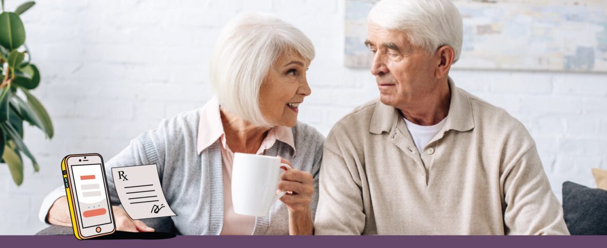 Two seniors chatting over coffee with a cartoon ipad and doctor's note beside them.