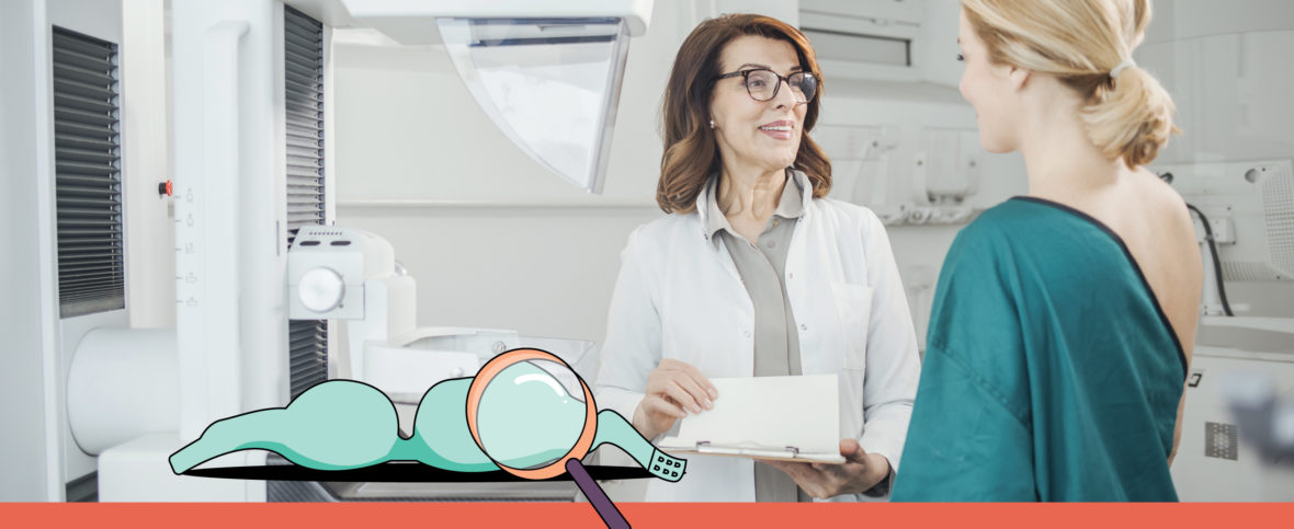 Doctor and woman talking, with a cartoon bra and magnifying glass in the forefront.