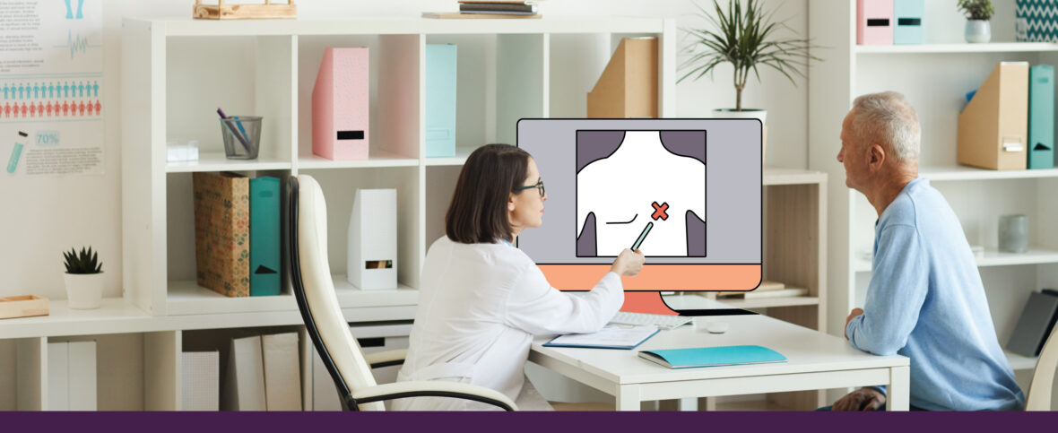 Female doctor sitting with male patient, pointing to an illustrated diagnostic image of his chest.
