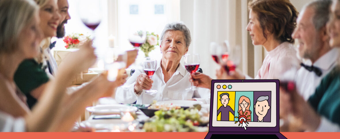 A large family sharing a toast over holiday dinner, with grandma at the head of the table looking happy.