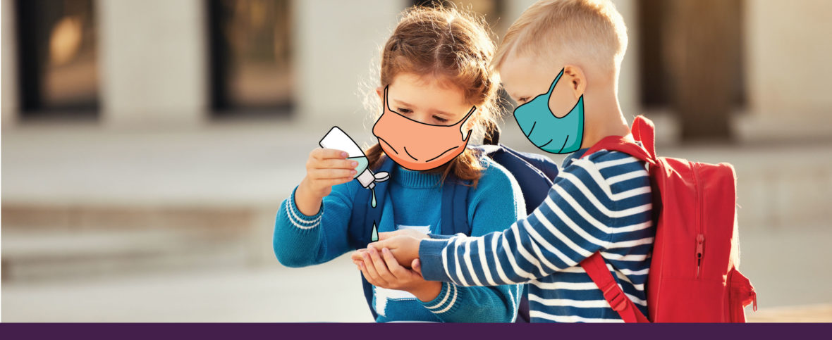 Two children sharing hand sanitizer.