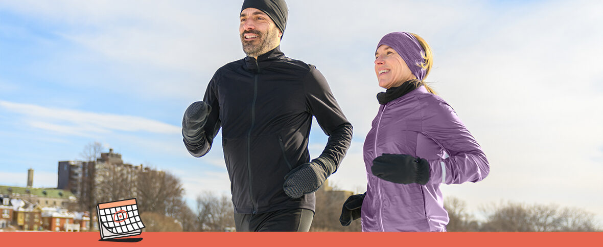 A man and woman running outside in the cold, showing the health benefits of staying active in winter. An illustrated calendar is below.