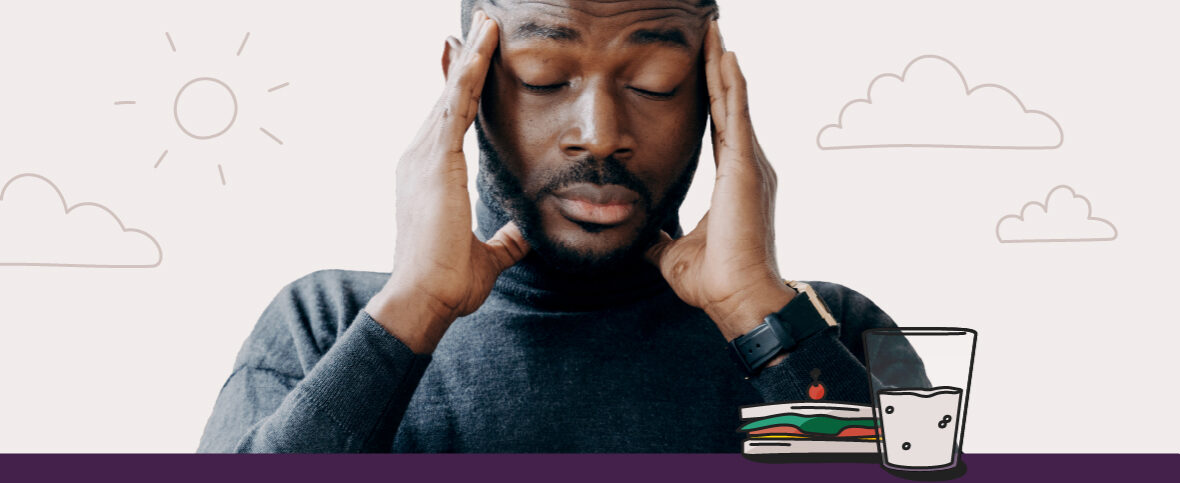 Man closing his eyes, holding his hands to his head from a migraine triggered by food and drinks. An illustrated sandwich and cup are below.