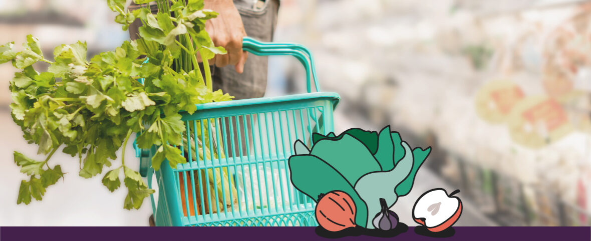 Person on a tight budget at the grocery store holding a basket with celery inside. Illustrated lettuce, onion, garlic, and an apple are below.