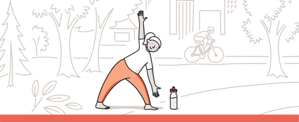 Illustrated woman doing exercises outside with a water bottle beside her to get ready for a healthy spring.