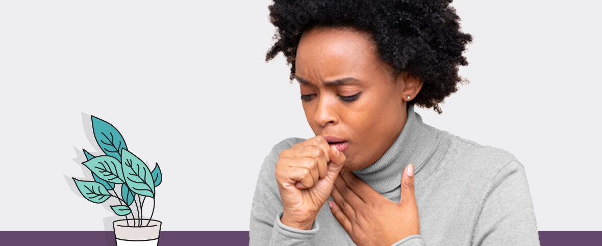 Woman with bronchitis symptoms coughing into her hand. An illustrated plant is in the left corner.