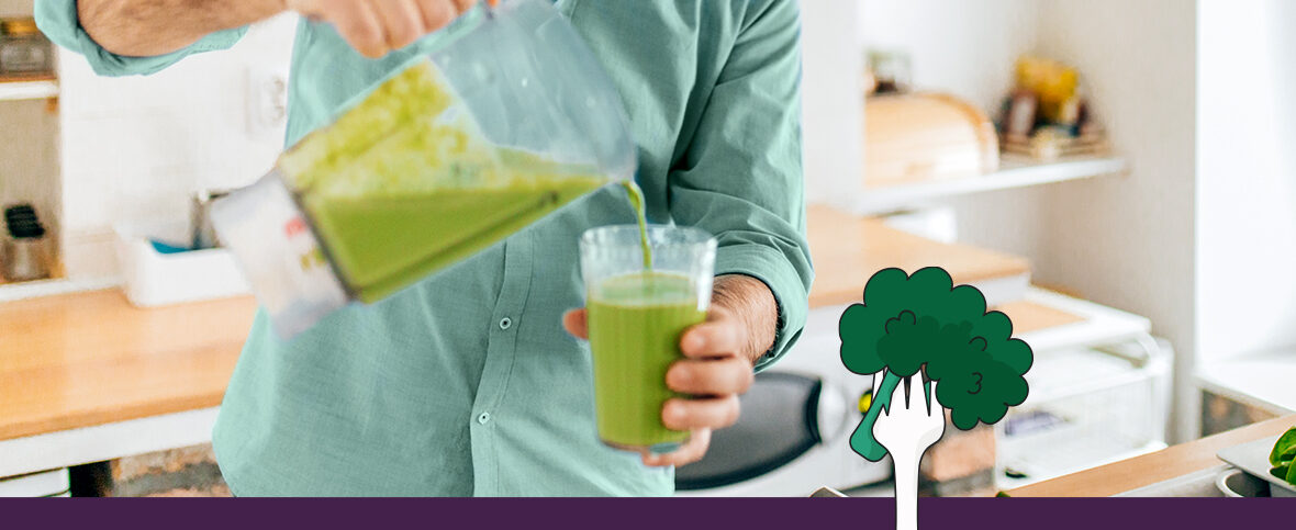 Person pouring a green smoothie into a glass, unaware of potential detox diet dangers. An illustrated piece of broccoli on a fork is below.