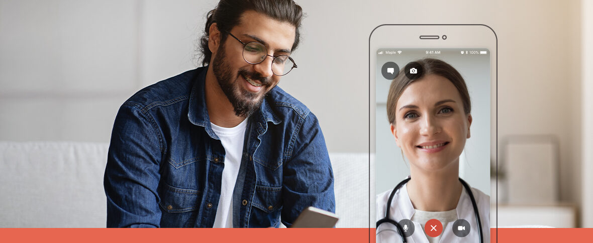 Patient using virtual care to talk to a doctor on a video call for his annual health checkup.