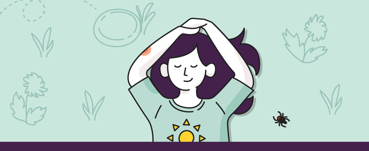 Illustrated woman standing with her hands above her head; Her right arm has a bulls-eye rash, one of many Lyme disease symptoms.