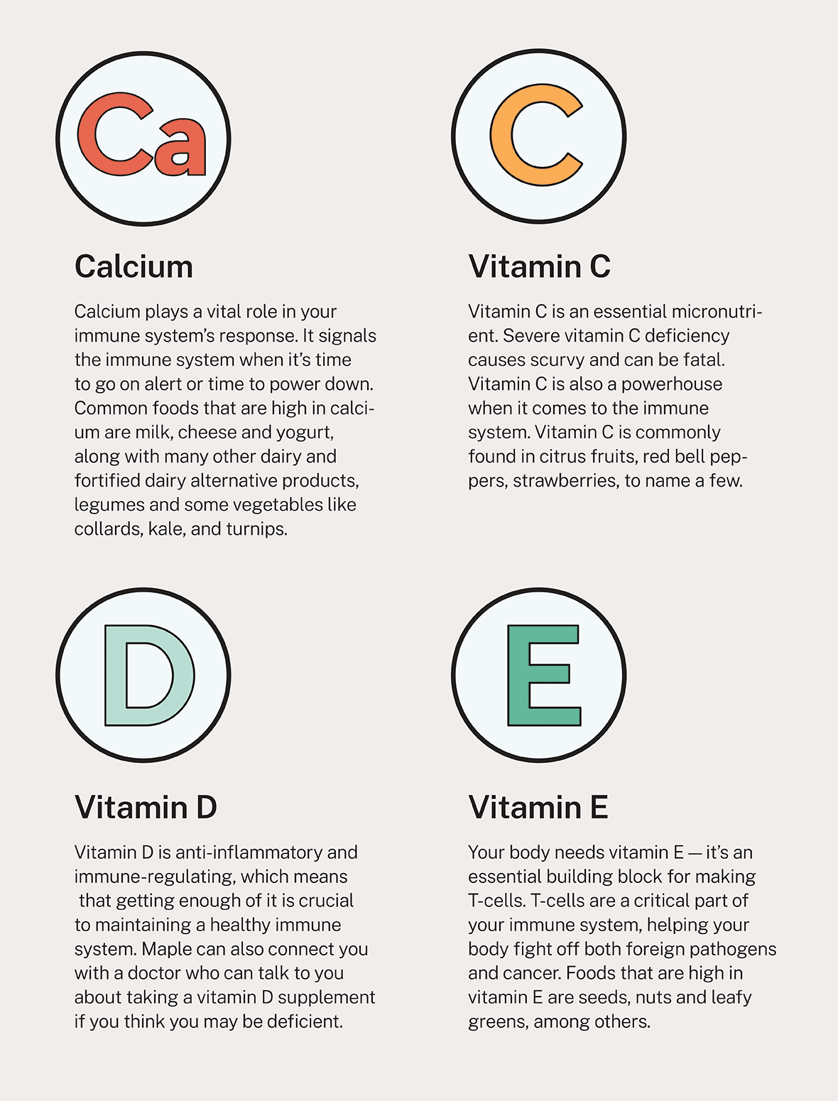 Infograph featuring Calcium, Vitamin C, Vitamin D and Vitamin E rich foods